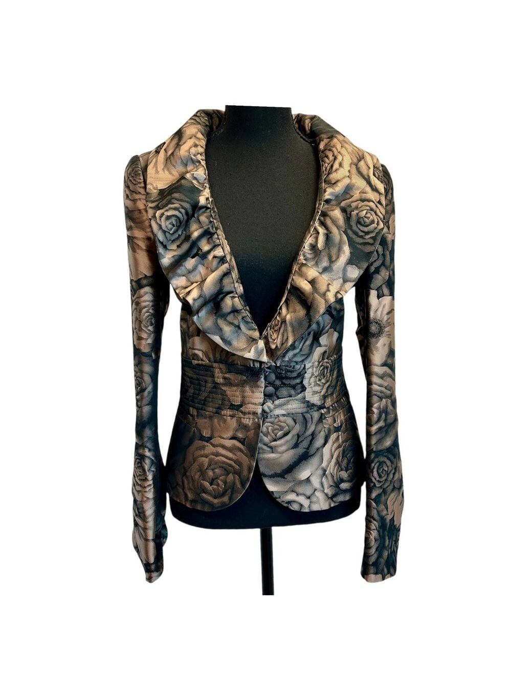 Armani Collezioni floral jacquard blazer jacket rose gold metallic ruffle collar